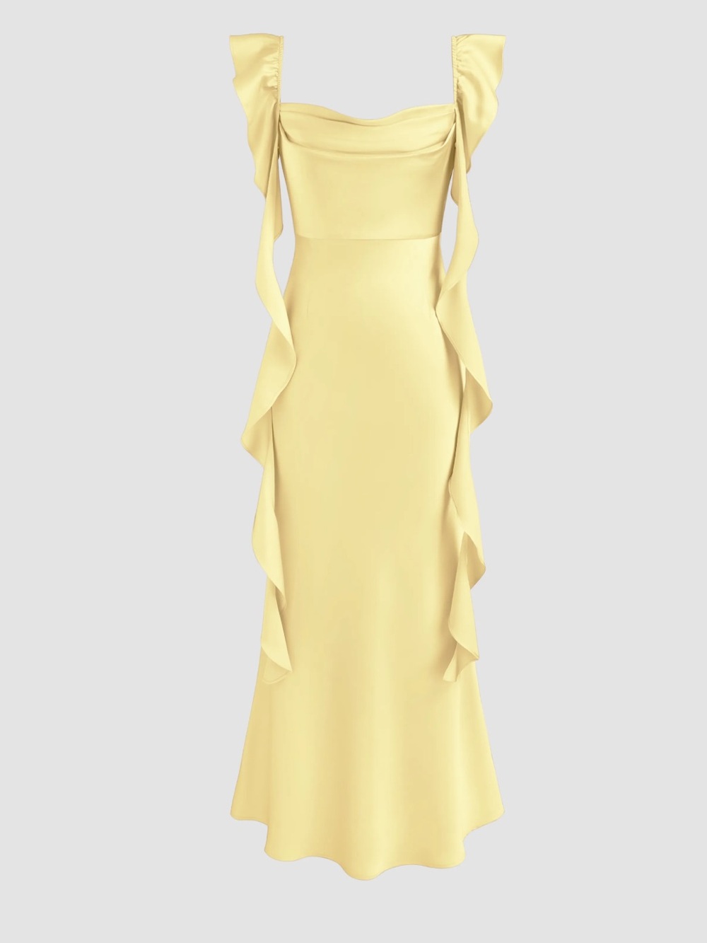 NWT CIDER SATIN COWL NECK SOLID RUFFLE HEM MAXI DRESS